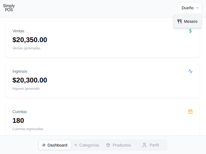 Vista previa del panel de Simply POS